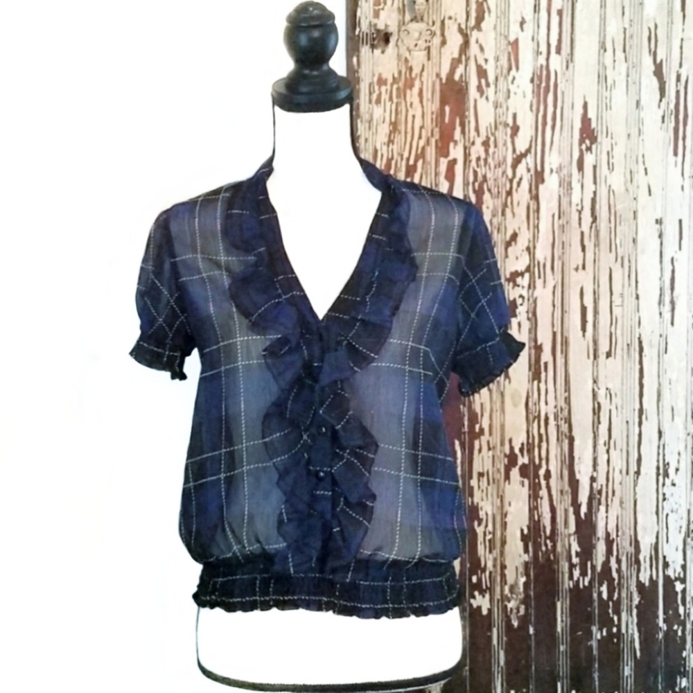 Forever 21 Sheer Ruffle Top Navy Blue Plaid Size S